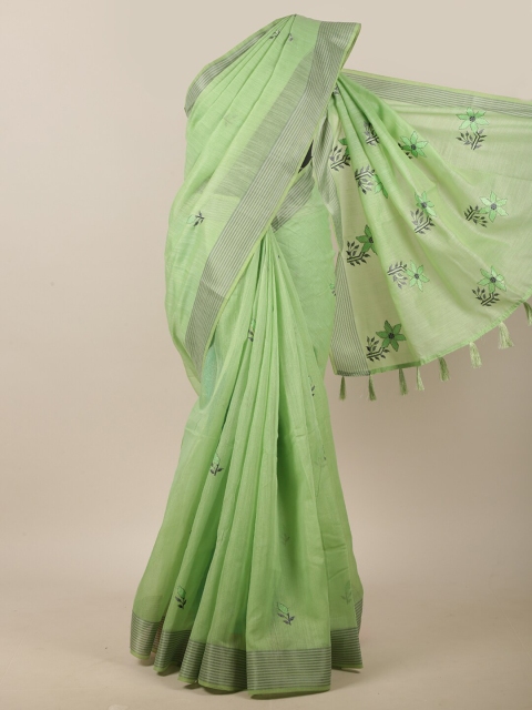 

Pothys Green & Grey Floral Embroidered Linen Blend Saree