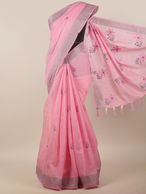 

Pothys Pink & Grey Floral Embroidered Linen Blend Saree