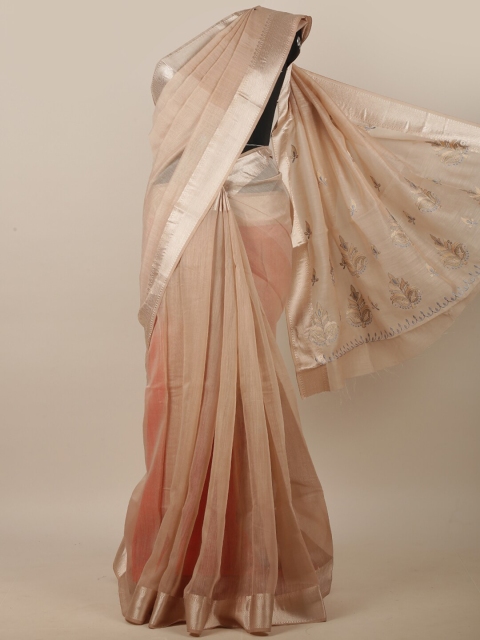 

Pothys Brown & Silver-Toned Ethnic Motifs Embroidered Linen Blend Saree