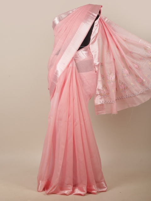 

Pothys Pink & Silver-Toned Ethnic Motifs Embroidered Linen Blend Saree