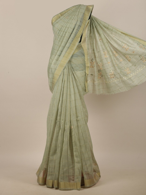 

Pothys Green & Beige Floral Embroidered Linen Blend Saree