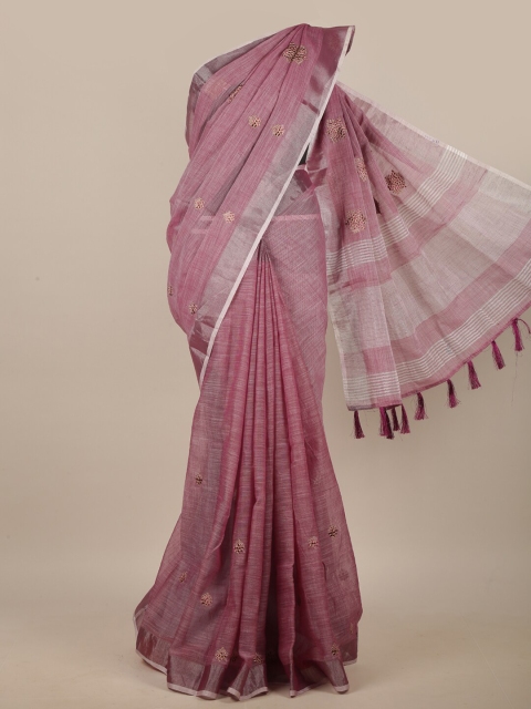 

Pothys Purple & Brown Floral Embroidered Linen Blend Saree