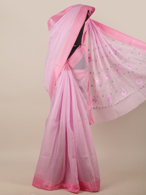 

Pothys Pink & Grey Floral Embroidered Linen Blend Saree