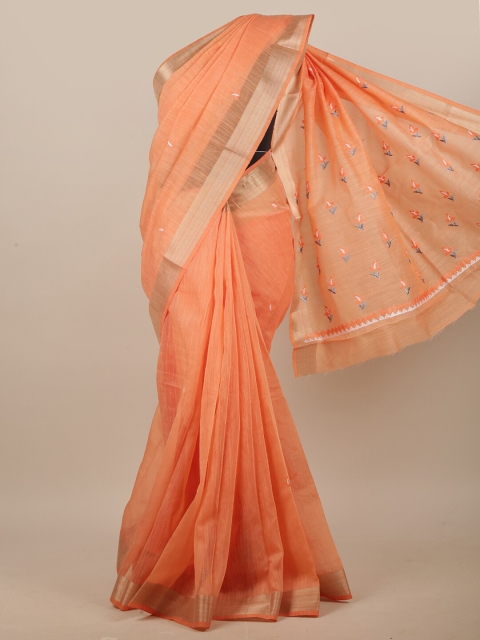 

Pothys Orange & Grey Floral Embroidered Linen Blend Saree