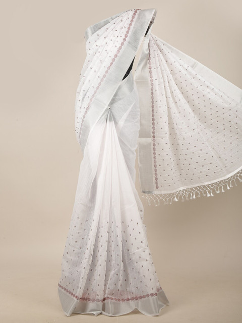

Pothys White & Silver-Toned Embroidered Linen Blend Saree
