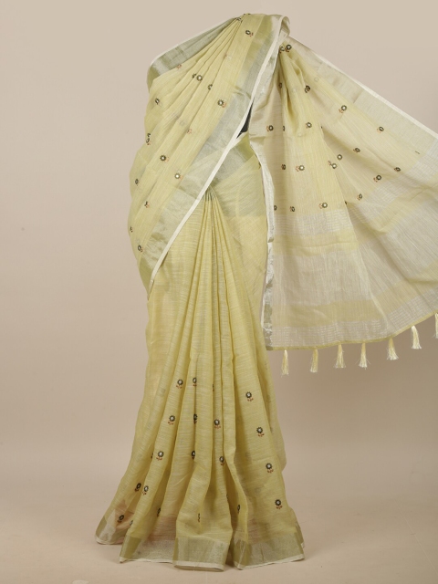 

Pothys Green & Silver-Toned Floral Embroidered Linen Blend Saree