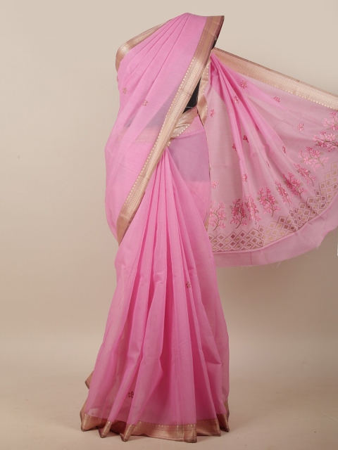 

Pothys Pink & Gold-Toned Floral Embroidered Linen Blend Saree