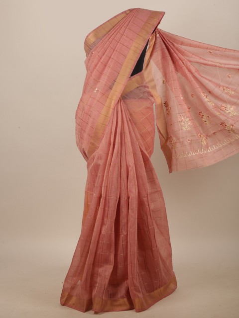 

Pothys Pink & Beige Floral Embroidered Linen Blend Saree