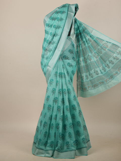 

Pothys Green & Silver-Toned Floral Printed Saree