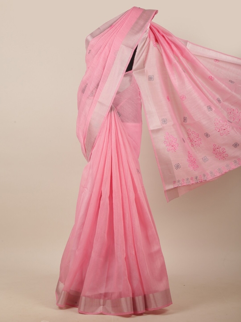 

Pothys Pink & Grey Floral Embroidered Linen Blend Saree