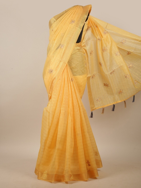 

Pothys Yellow & Gold-Toned Floral Embroidered Linen Blend Saree
