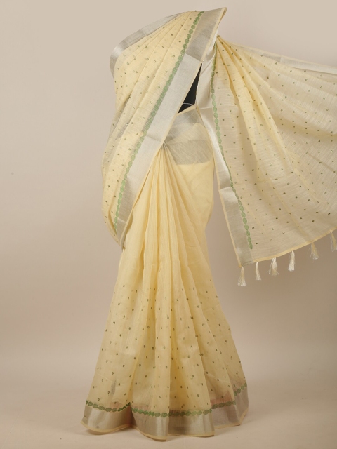 

Pothys Cream-Coloured & Green Embroidered Linen Blend Saree