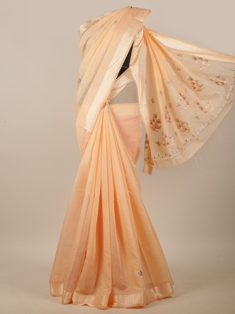 

Pothys Peach-Coloured & Silver-Toned Floral Embroidered Zari Linen Blend Saree