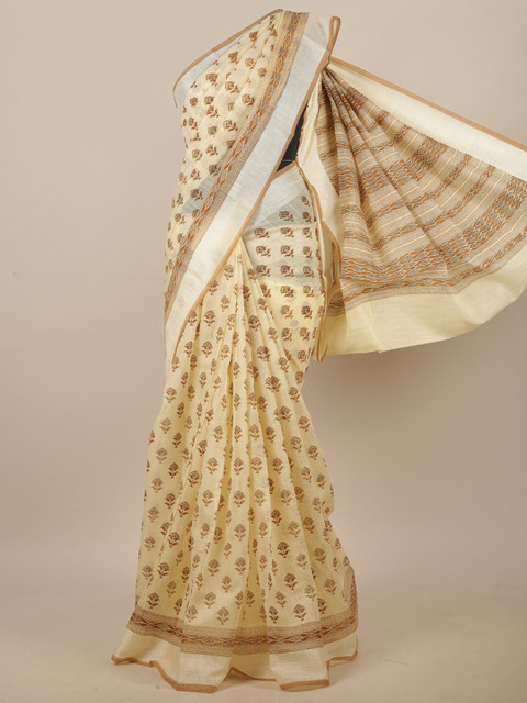 

Pothys Cream-Coloured & Brown Ethnic Motifs Printed Saree