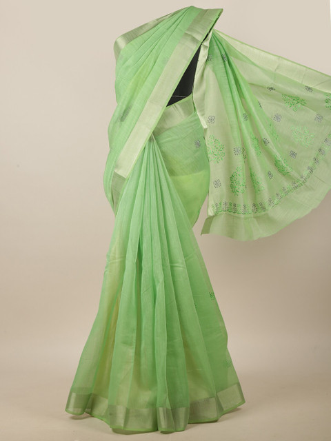 

Pothys Green & Silver-Toned Floral Embroidered Linen Blend Saree