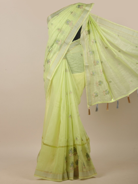 

Pothys Green & Silver-Toned Floral Embroidered Linen Blend Saree