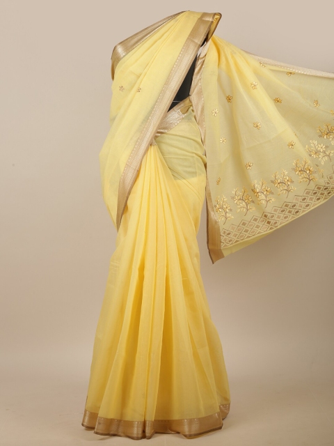 

Pothys Yellow & Beige Floral Embroidered Linen Blend Saree