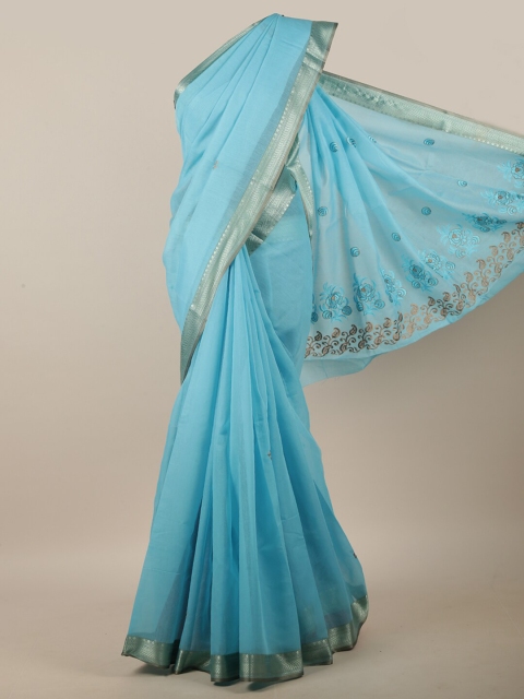 

Pothys Blue & Silver-Toned Floral Embroidered Zari Linen Blend Saree
