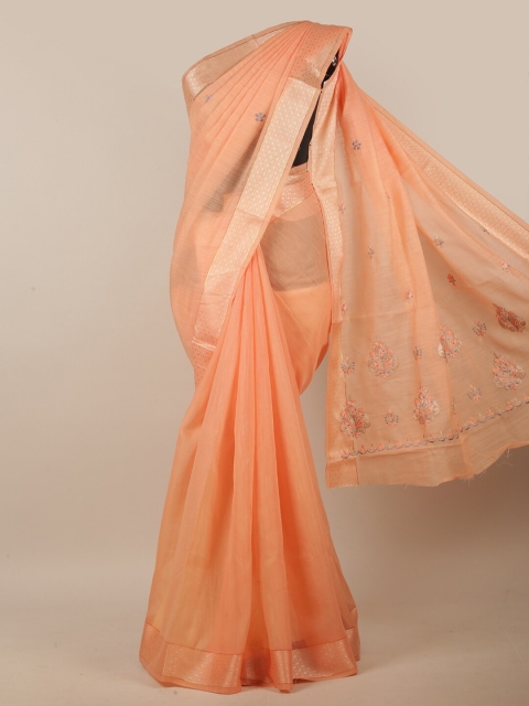 

Pothys Peach-Coloured & Grey Ethnic Motifs Embroidered Linen Blend Saree
