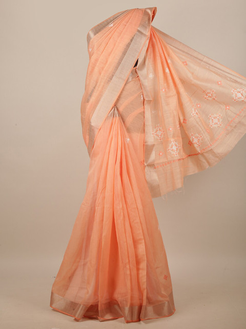 

Pothys Orange & Silver-Toned Embroidered Zari Linen Blend Saree