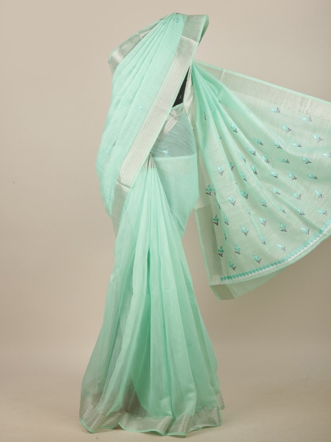

Pothys Sea Green & Silver-Toned Floral Embroidered Linen Blend Saree