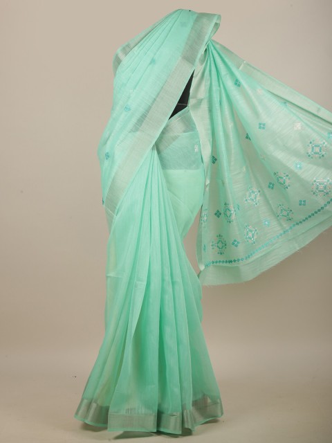

Pothys Green & White Ethnic Motifs Embroidered Linen Blend Saree