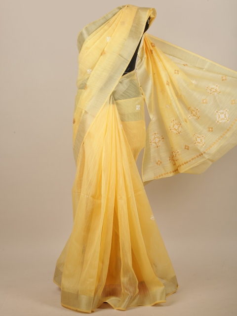 

Pothys Yellow & Beige Ethnic Motifs Embroidered Linen Blend Saree
