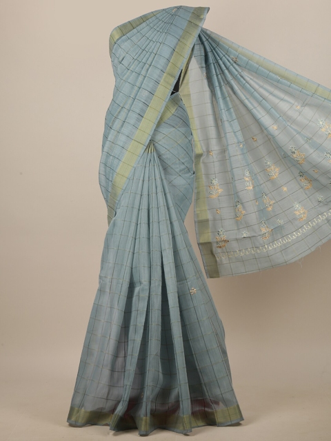 

Pothys Blue & Gold-Toned Striped With Embroidered Linen Blend Saree