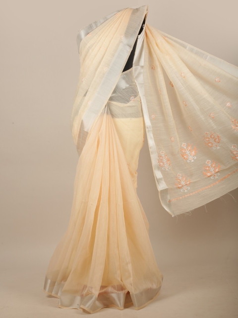 

Pothys Peach-Coloured & Silver-Toned Embroidered Linen Blend Saree