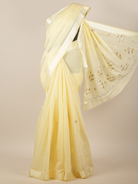 

Pothys Yellow & White Floral Embroidered Linen Blend Saree