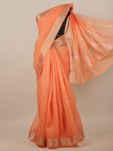 

Pothys Orange & White Embroidered Linen Blend Saree
