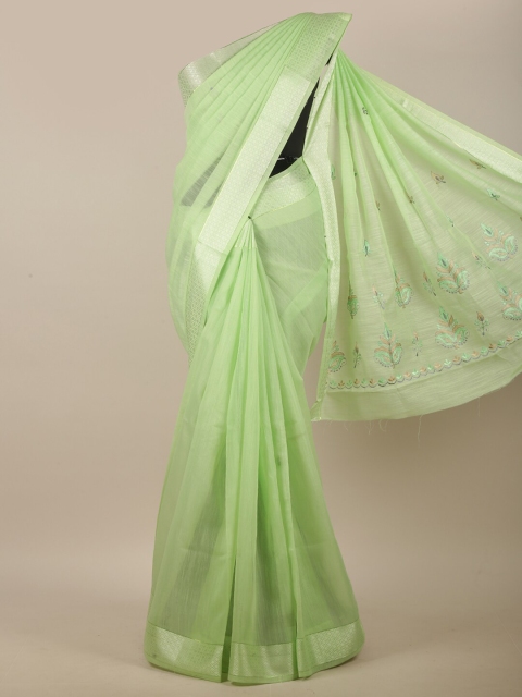 

Pothys Green & Silver-Toned Floral Embroidered Linen Blend Saree