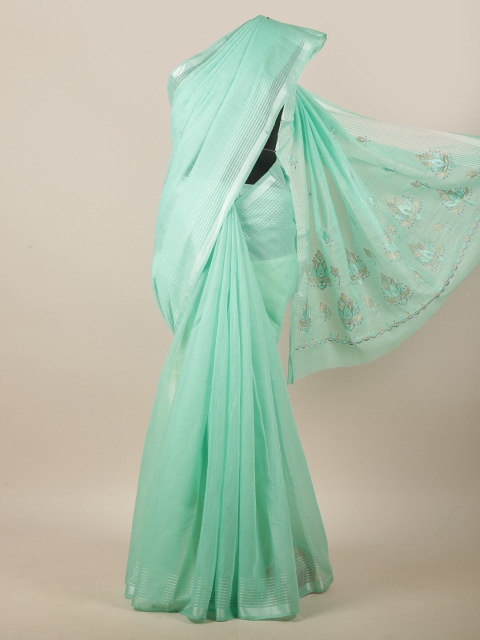 

Pothys Green & Grey Ethnic Motifs Embroidered Linen Blend Saree