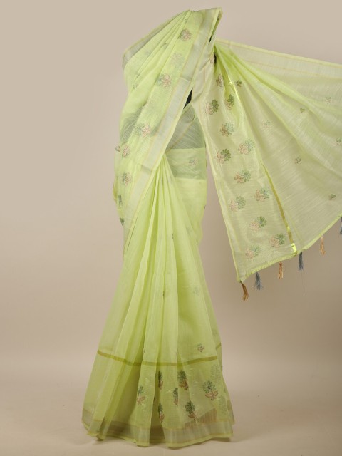 

Pothys Green & Brown Floral Embroidered Linen Blend Saree