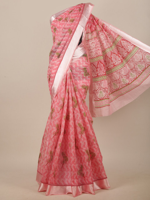 

Pothys Pink & Silver-Toned Ethnic Motifs Printed Saree