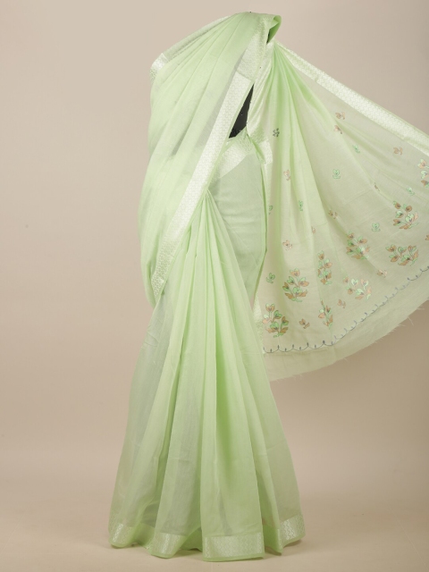 

Pothys Green & Brown Floral Embroidered Linen Blend Saree