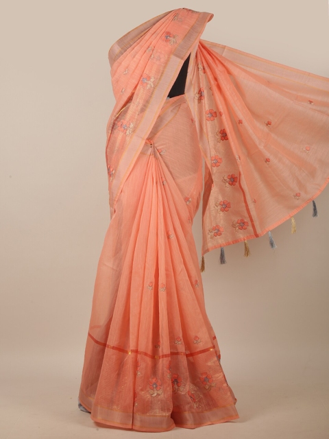 

Pothys Peach-Coloured & Grey Floral Embroidered Linen Blend Saree