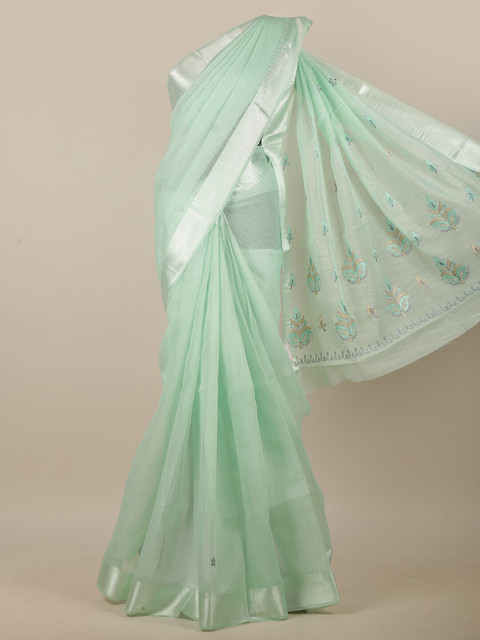 

Pothys Green & Silver-Toned Ethnic Motifs Embroidered Linen Blend Saree