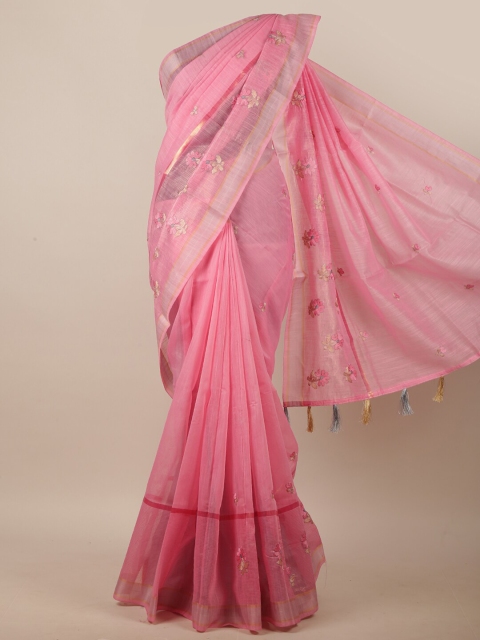 

Pothys Pink & White Floral Embroidered Linen Blend Saree