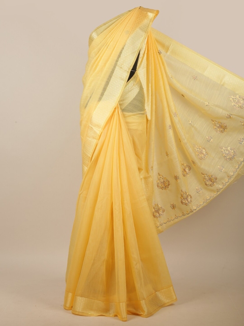 

Pothys Yellow & Grey Ethnic Motifs Embroidered Linen Blend Saree