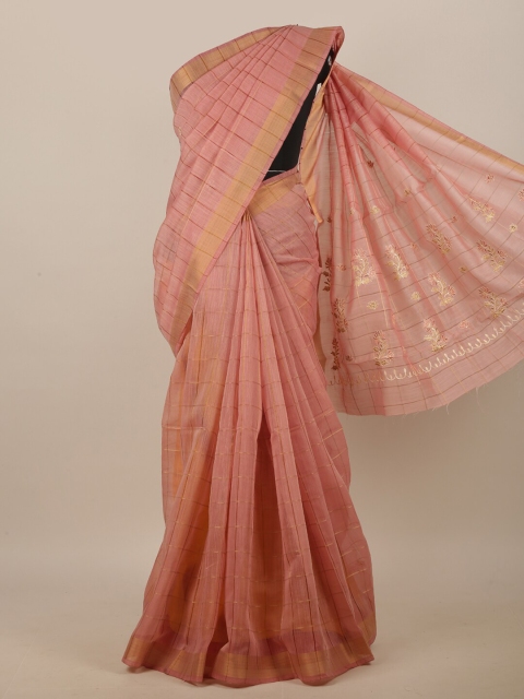 

Pothys Pink & Gold-Toned Striped With Embroidered Detail Linen Blend Saree