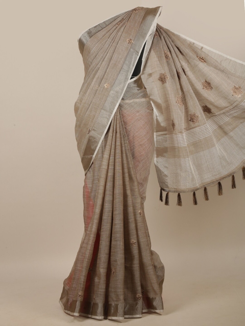 

Pothys Brown & Silver-Toned Ethnic Motifs Embroidered Linen Blend Saree