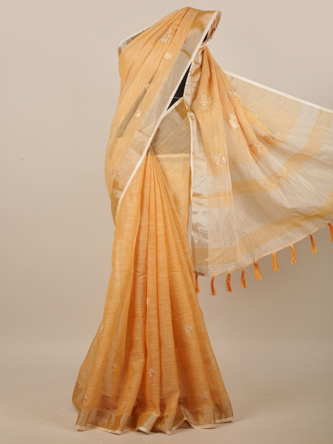 

Pothys Mustard & Silver-Toned Ethnic Motifs Embroidered Linen Blend Saree