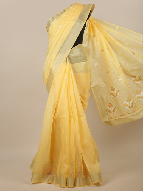 

Pothys Yellow & White Ethnic Motifs Embroidered Linen Blend Saree