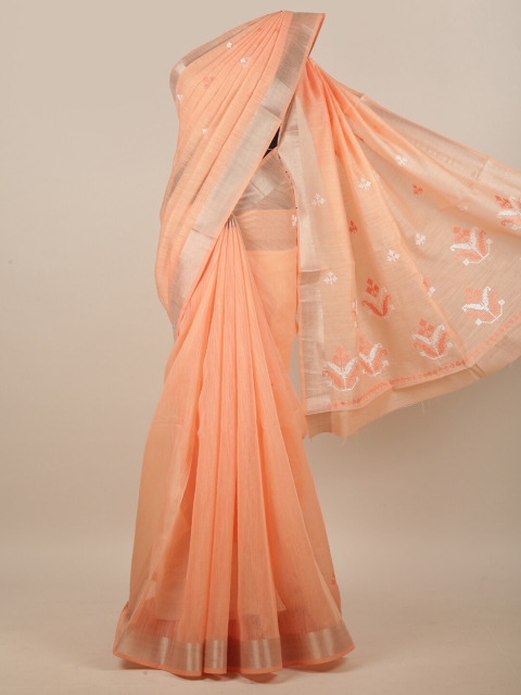 

Pothys Orange & Silver-Toned Ethnic Motifs Embroidered Linen Blend Saree