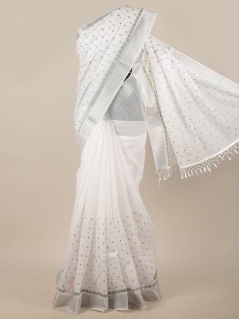 

Pothys White & Silver-Toned Embroidered Linen Blend Saree