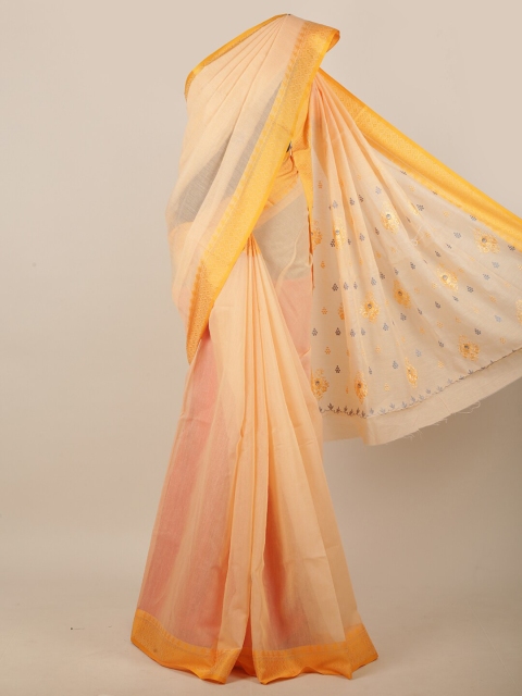 

Pothys Orange & Grey Floral Embroidered Linen Blend Saree