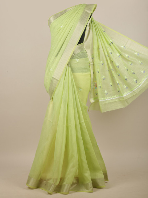 

Pothys Green & Silver-Toned Ethnic Motifs Embroidered Linen Blend Saree