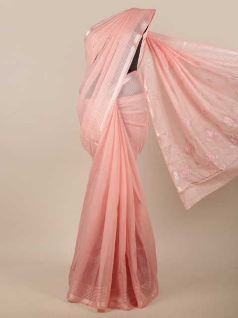 

Pothys Pink & Silver-Toned Floral Embroidered Linen Blend Saree