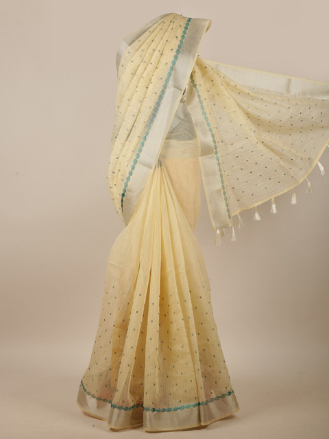 

Pothys Cream-Coloured & Blue Embroidered Zari Linen Blend Saree
